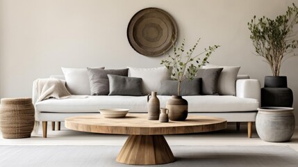 Rustic round wood table near sofa with grey pillows Scandinavian home interior design of modern living room 