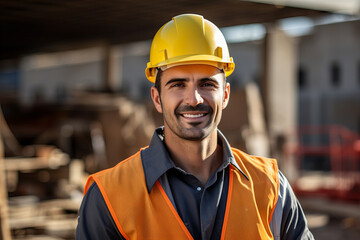 Fototapeta premium Happy Construction Laborer Wearing Hard Hat and Orange Safety Vest