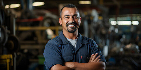 Young, Smiling, Latino or Hawaiian Indigenous Factory Worker with Crossed Arms