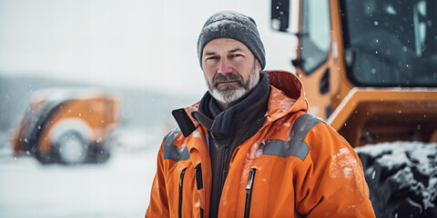 Portrait of Content Worker in Cold Weather Apparel with Snowplow Truck on Snowy Terrain