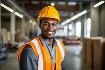 Smiling Young Black Factory Worker, Operator, or Supervisor in Orange Safety Gear"