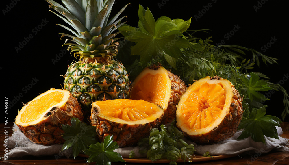 Wall mural Freshness and sweetness in a slice of ripe pineapple generated by AI - Wall murals