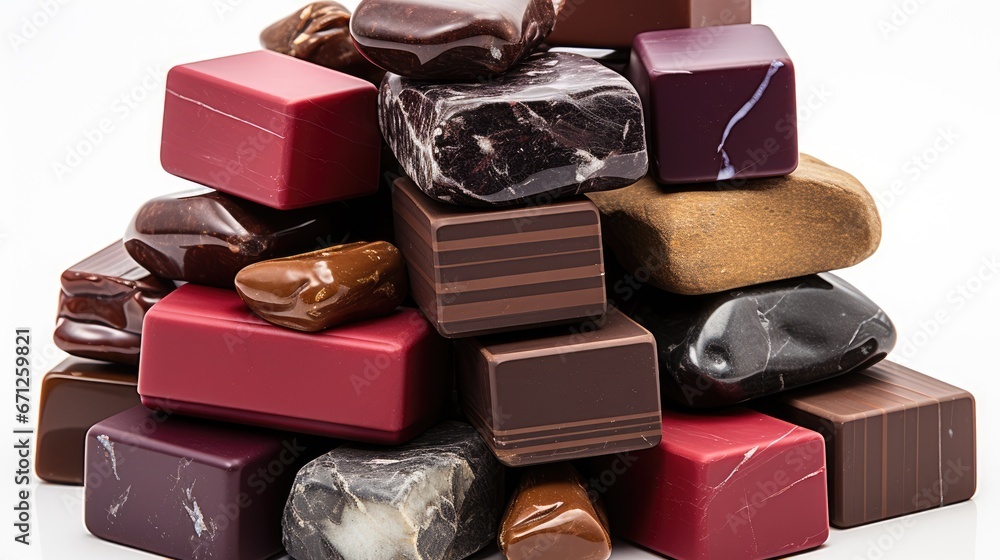 Poster a pile of assorted chocolates sitting on top of each other on a white surface with a white backgroun