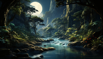 Mysterious forest at night, moonlight illuminates dark, spooky fantasy generated by AI - obrazy, fototapety, plakaty