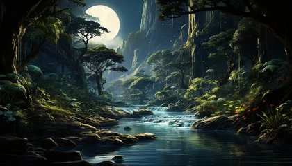 Foto op Plexiglas Mysterious forest at night, moonlight illuminates dark, spooky fantasy generated by AI © djvstock