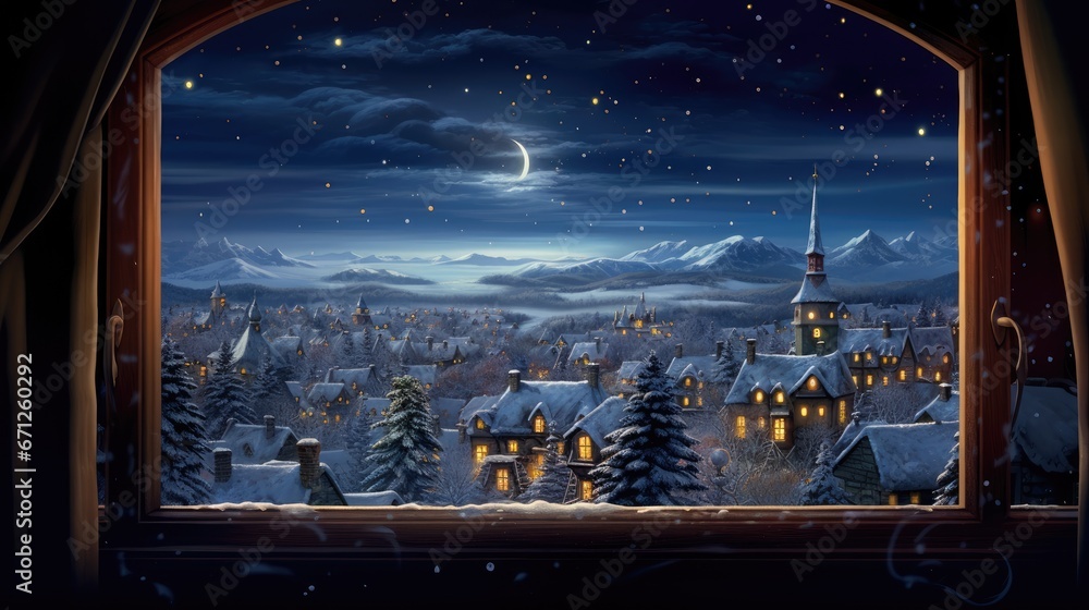 Poster a window view of a snowy town with a full moon in the sky and a full moon in the sky. generative ai