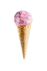 Fruity pink ice cream in a waffle cone on a white background