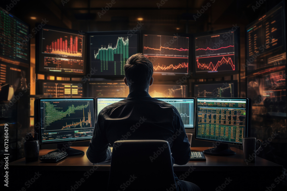 Poster a busy stock trader monitors multiple screens, capturing the intensity and precision required in the