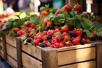 Street Styled Vibrant Strawberries in Wooden Crates