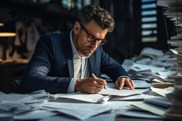 A dedicated accountant meticulously reviews financial statements, ensuring the accuracy and integrity of a company's financial records. Generative Ai. - obrazy, fototapety, plakaty