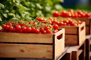 Vibrant Organic Tomatoes in Wooden Crates Captured in Dynamic Style - obrazy, fototapety, plakaty