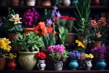 Vibrant Indoor Display of Potted Flowers: A Colorful and Detailed Composition