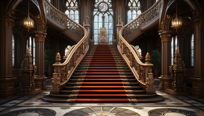 Ancient elegance, Gothic staircase, illuminated altar, history architectural marvel generated by AI