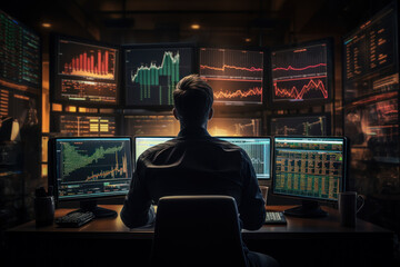 A busy stock trader monitors multiple screens, capturing the intensity and precision required in the world of financial markets. Generative Ai.