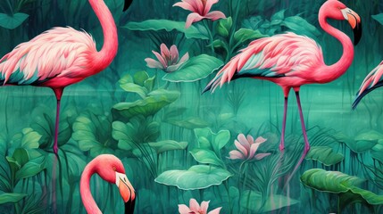  a group of pink flamingos standing on top of a lush green field next to a pond of water lilies.  generative ai