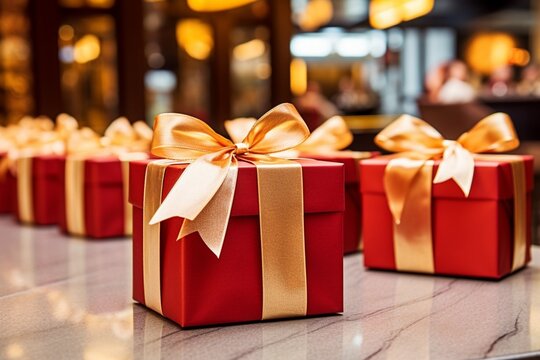 Exquisite Collection of Red and Gold Gift Boxes in a Festive Atmosphere
