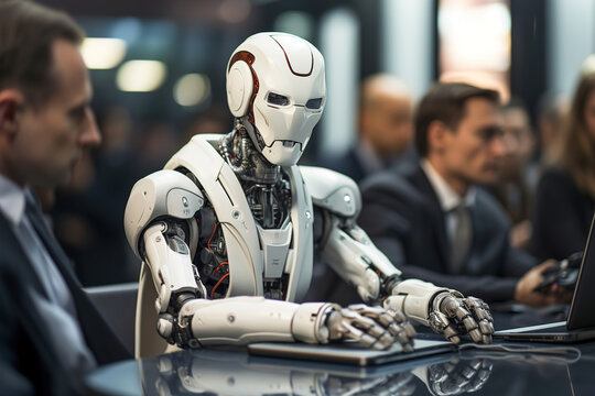 Robots with artificial intelligence speak at a press conference.