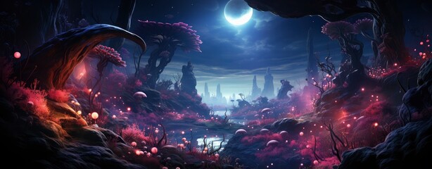 Mystical forest with glowing mushrooms, moonlit night, and ethereal atmosphere, perfect for fantasy-themed projects.