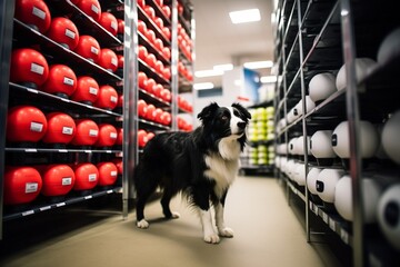 Dynamic Monochrome Dog in a Sporting Store with a Lush and Balanced Perspective