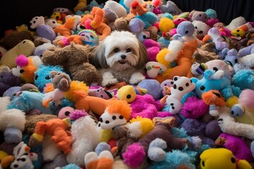 Vibrant Contrasts of White Dog Amidst Plush Toys in Smilecore Style