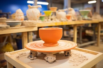 Symmetrical Harmony of Orange Bowls and Clay in a Pottery Studio