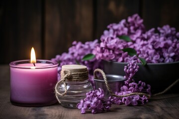 Obraz na płótnie Canvas Candles and Lilac Flowers: A Dreamlike Display on a Wooden Table