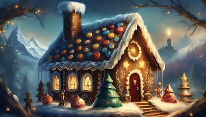 A gingerbread house decorated with icing and candy - obrazy, fototapety, plakaty