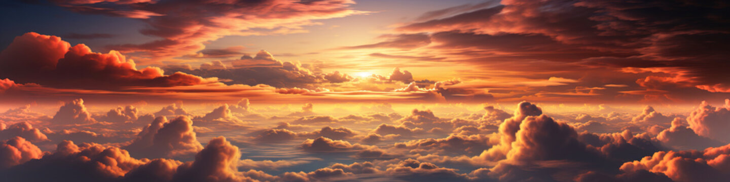 Hot sky at sunset, above the clouds. Aerial view of clouds. © Degimages