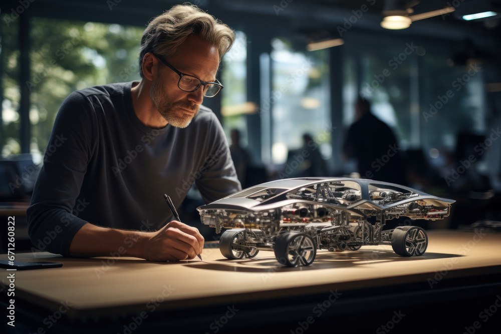 Poster an innovative product designer sketches new concepts, emphasizing the role of creativity and innovat