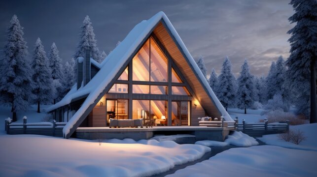 The front of modern exterior of luxury cottage covered in deep snow in winter evening 
