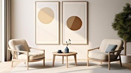 Two beige lounge chairs and round coffee table against wall with frames Japandi home interior design of modern living room 