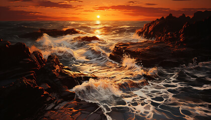 Fototapeta premium Majestic wave splashing on tranquil coastline, sunset paints tranquil scene generated by AI