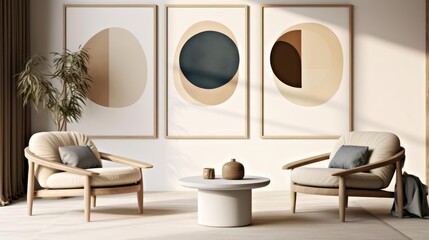 Two beige lounge chairs and round coffee table against wall with frames Japandi home interior design of modern living room 