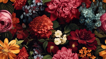  a close up of a bunch of flowers with leaves on a black background with red, orange, blue, and white flowers.  generative ai