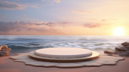 Oceanic Product Presentation Podium, Crystal Podium on White Sand Shore Above Water. Summer Product Presentation Podium. Generative AI