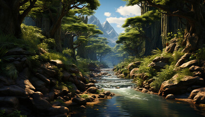 Naklejka na ściany i meble Tranquil scene, mountain range, flowing water, majestic day, hiking generated by AI