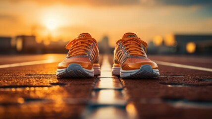 Cheerful sneakers glow in the sunny, golden morning city.