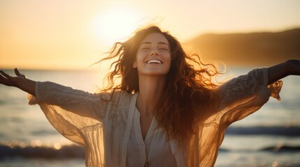  Backlit Portrait of calm happy smiling free woman with open arms and closed eyes enjoys a beautiful moment life on the seashore at sunset generative ai - obrazy, fototapety, plakaty