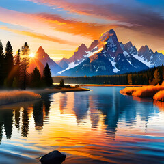 Fototapeta na wymiar Sunrise over the lake reflection with high mountains illustration 
