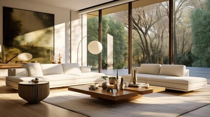 Obraz premium White sofa against floor to ceiling window Hollywood glam midcentury style home interior design of modern living room in villa in