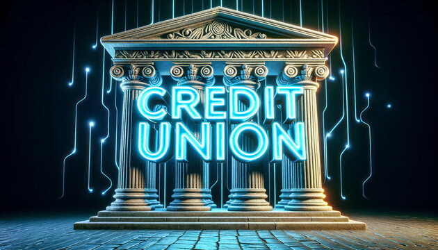 Photo of stone columns with the words 'Credit Union' illuminated in neon lights, signifying modern banking's foundation on traditional values