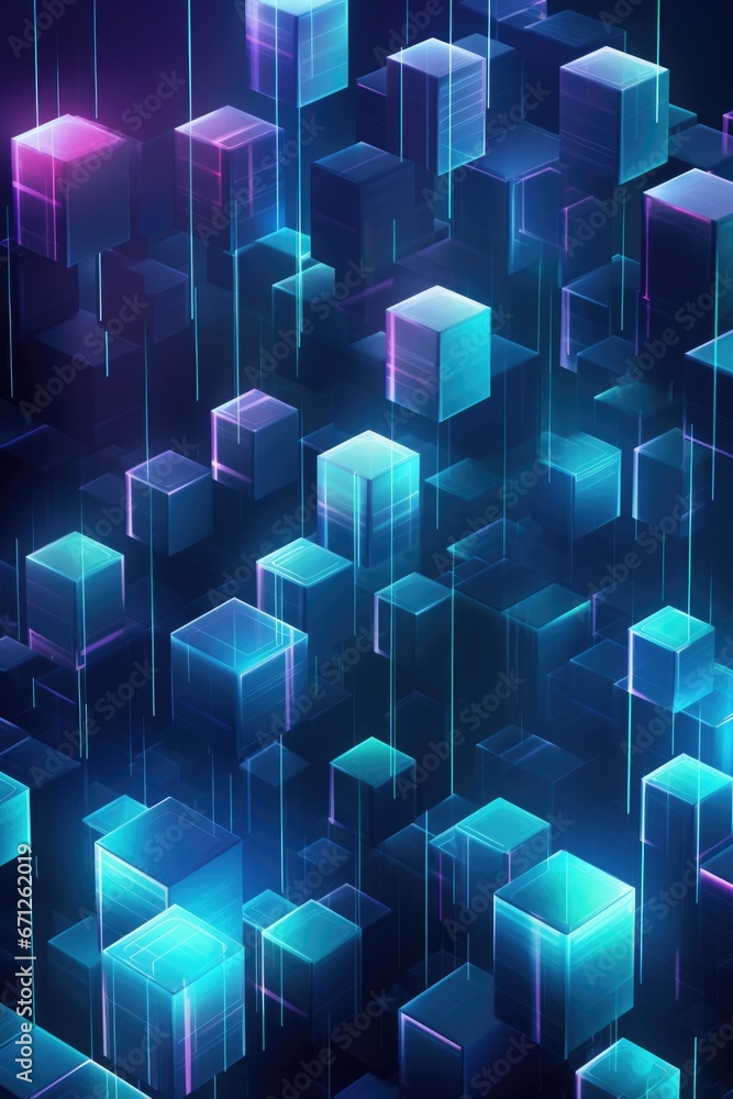 Poster A captivating image of a bunch of cubes glowing in the dark. Perfect for adding a touch of mystique and intrigue to any project.