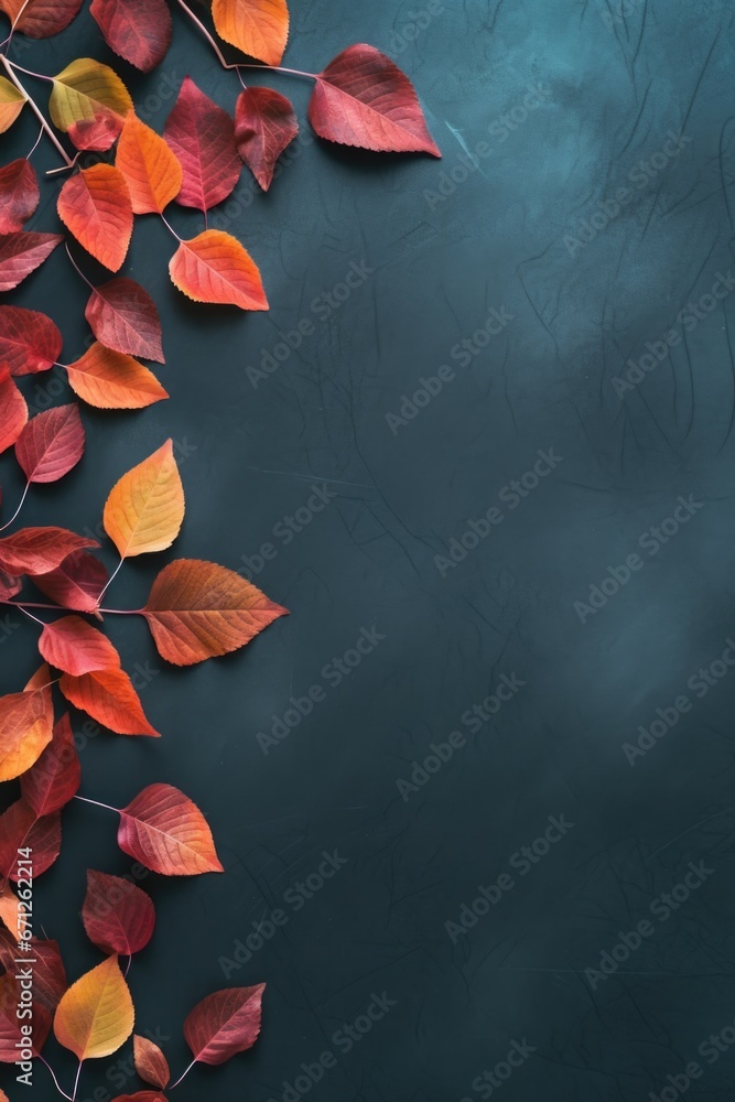 Poster a collection of vibrant red and yellow leaves arranged on a black surface. perfect for autumn-themed