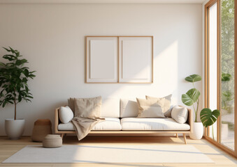 Fototapeta premium Wall art empty picture frame mockup on wooden desk, wall, table. Vase with olive branches, cactus. Elegant working space, home office concept.