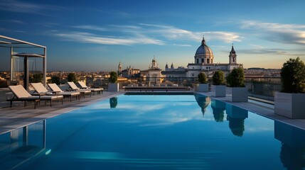 Fototapeta premium Stunning rooftop pool overlooking Rome. generative AI