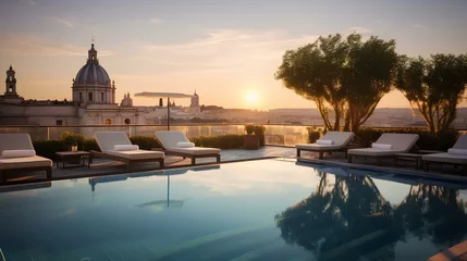 Tuinposter Stunning rooftop pool overlooking Rome. generative AI © yj