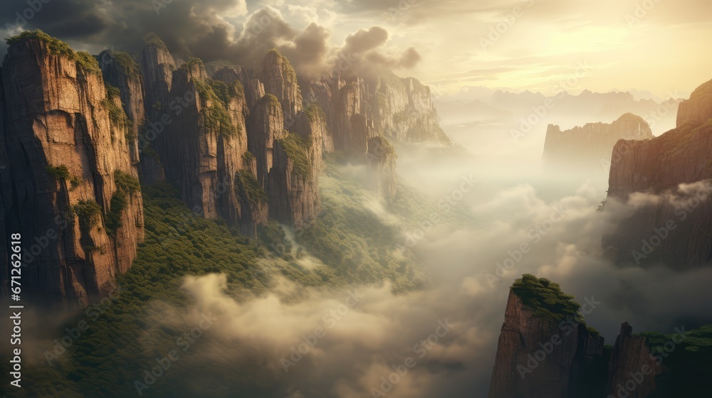 Poster an aerial view of a mountain range surrounded by fog and low lying clouds, with trees in the foregro