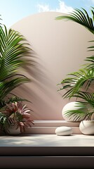 Obraz premium Abstract white studio background for product presentation. Empty room with shadows of window and flowers and palm leaves. Background with shadow. Generative AI