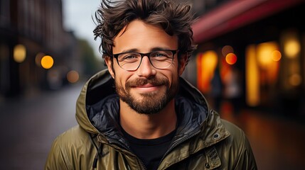 Fototapeta premium Portrait of Smiling Young Man with Facial Hair Wearing Eyeglasses and Leaning Against Brick Wall Painted with Graffiti. Model portrait illustration. Generative AI