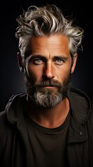 Fototapeta premium Portrait of beautiful mature blonde bearded guy with trendy hairdo in casual grey shirt smiling and looking in camera. Man face portrait illustration. Generative AI